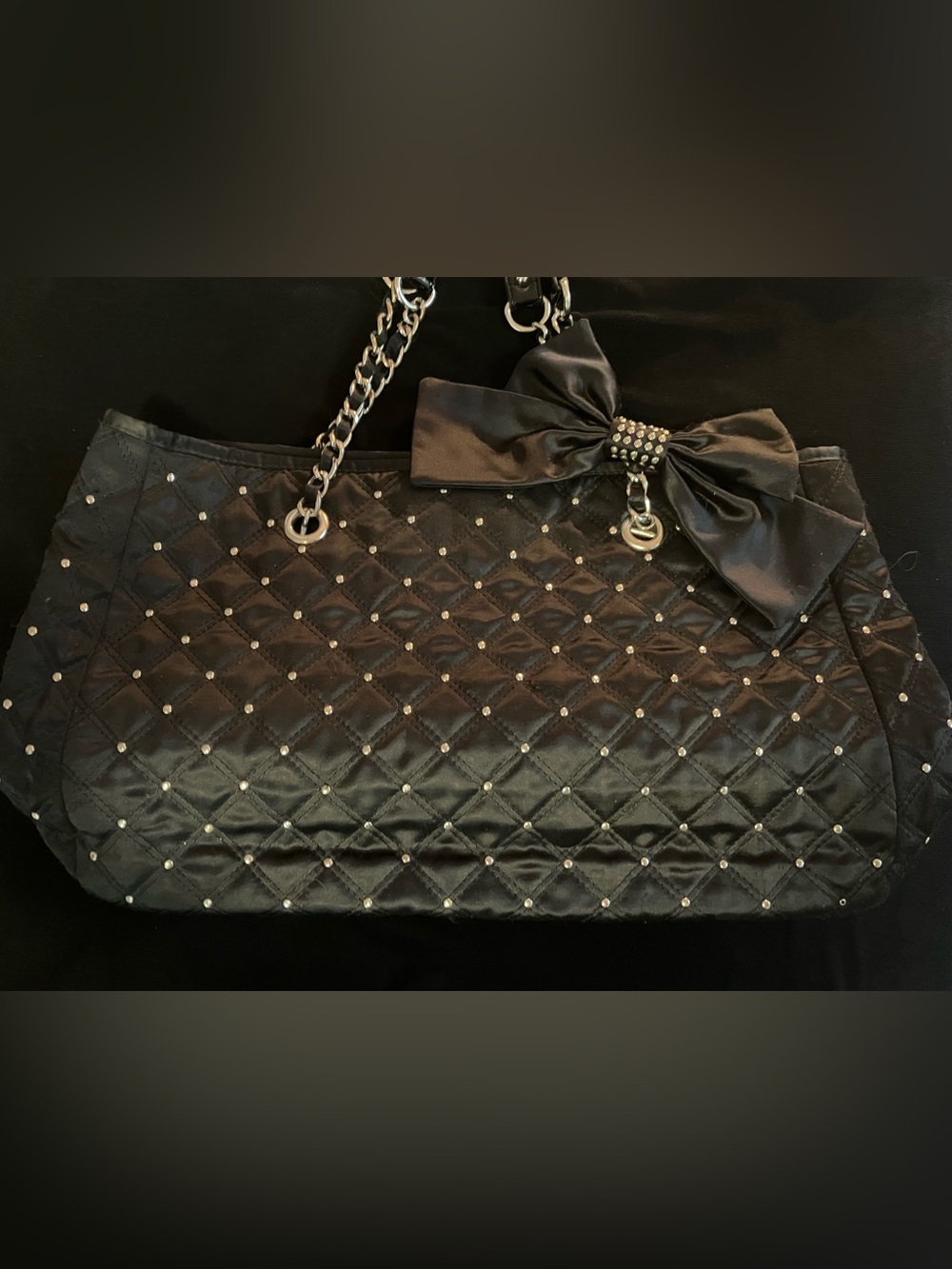 New White House Black Market Black Quilted Tote with Bow and Chain Handles